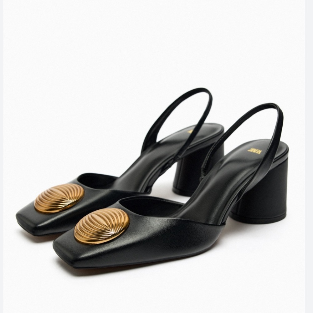Zara Black Leather Embellished Slingback Heels